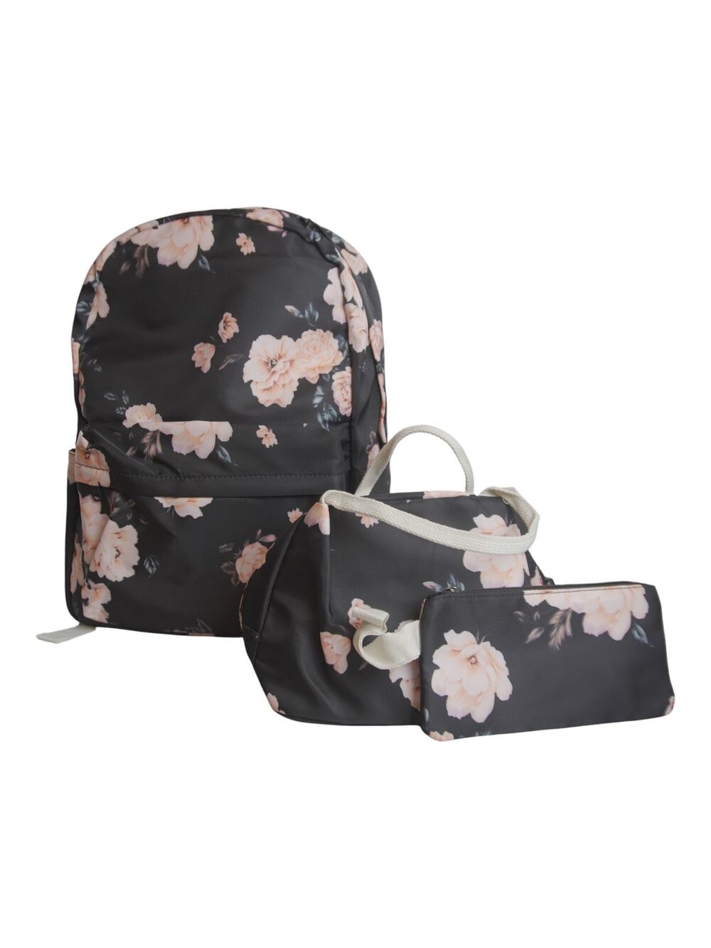 Black Floral Backpack Lunch Bag Pencil Case 3 Pc Set 14” Laptop School NWOT